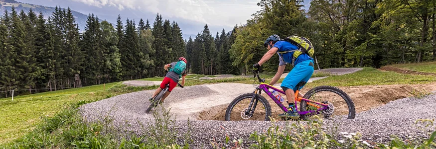 Two cyclists riding on a curvy mountain bike trail in a forest