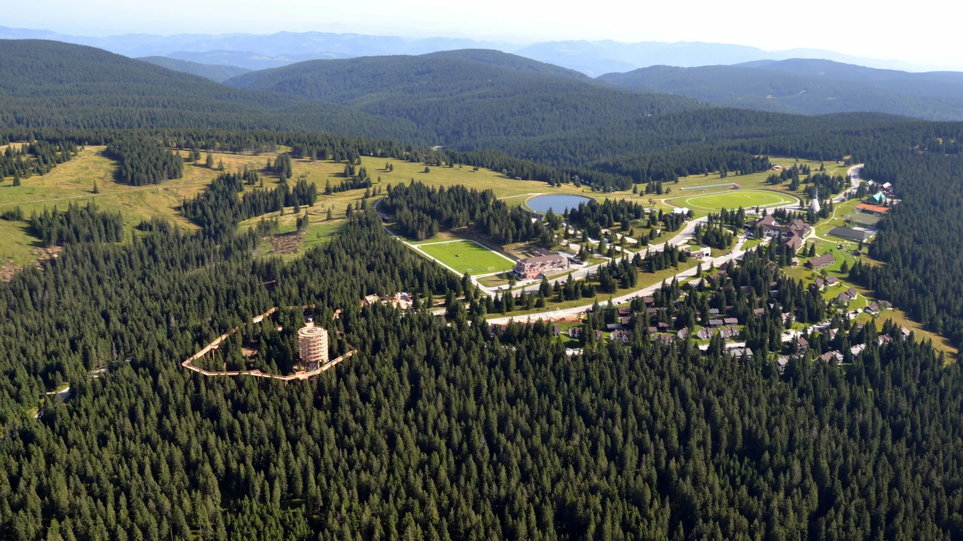 Luftaufnahme eines Waldes mit Wanderweg und Gebäuden