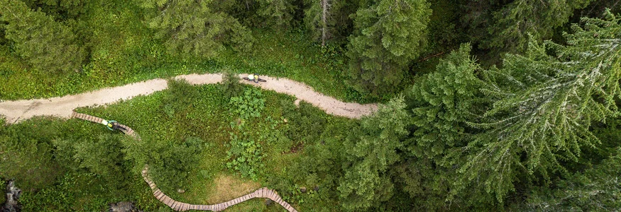 Dolomiten - Eggental © WOM Medien - Andreas Meyer Drohnenaufnahme von Waldweg mit Radfahrern über Holzsteg