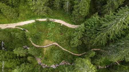 Drone view of forest path with cyclists on wooden bridge