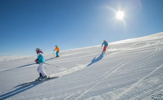 Easter Bunny Fun includes ski pass - 5 nights Three skiers descend a snowy slope in bright sunshine