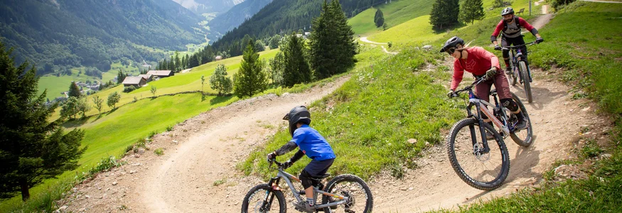 Drie mountainbikers op een bergpad in de Alpen