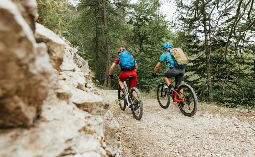 Two cyclists on mountain bikes riding on a forest trail with helmets and backpacks