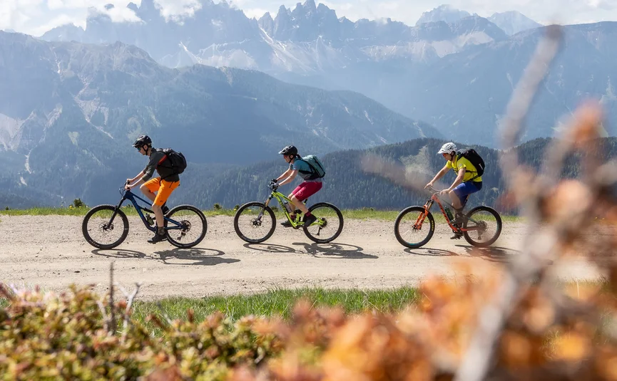Three cyclists riding on mountain trail with Alps in background