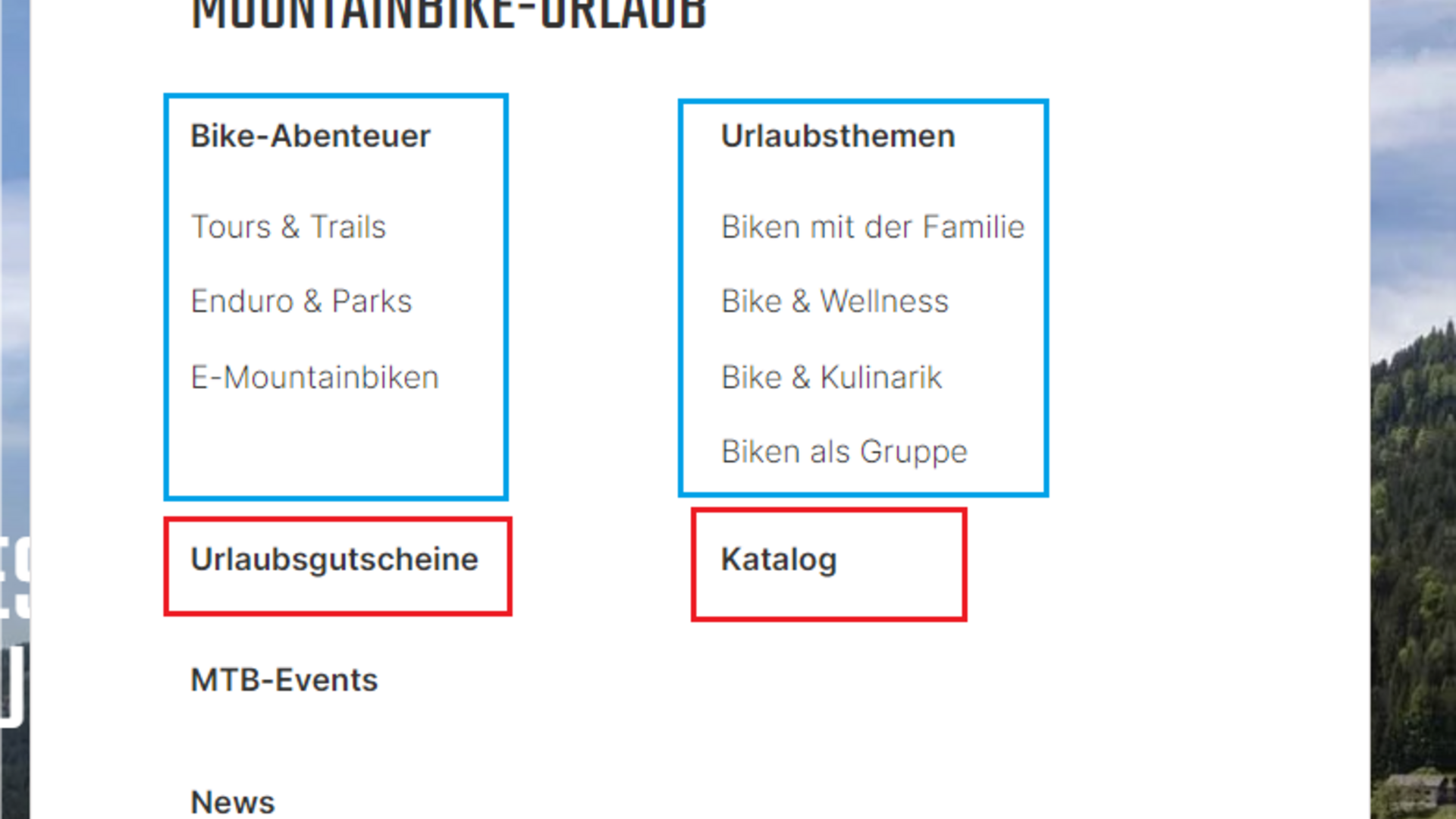 Header Menüoptionen für Mountainbike-Urlaub mit Touren, Themen und Katalog