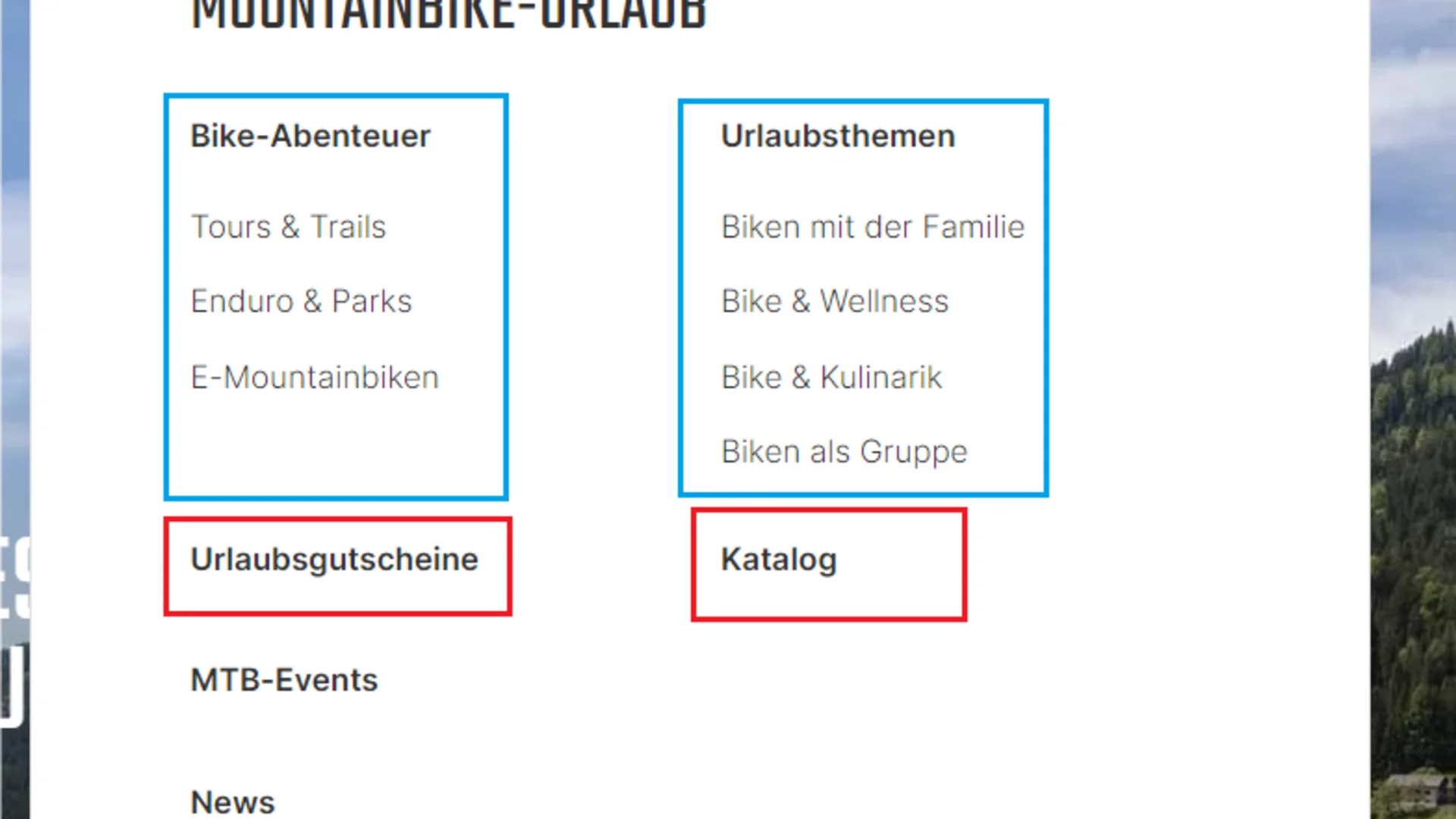 Menüoptionen für Mountainbike-Urlaub mit Touren, Themen und Katalog
