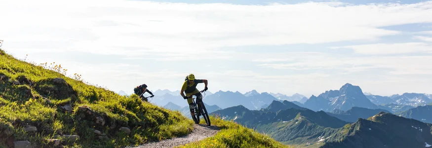 Twee mountainbikers op bergpad met Alpen op achtergrond