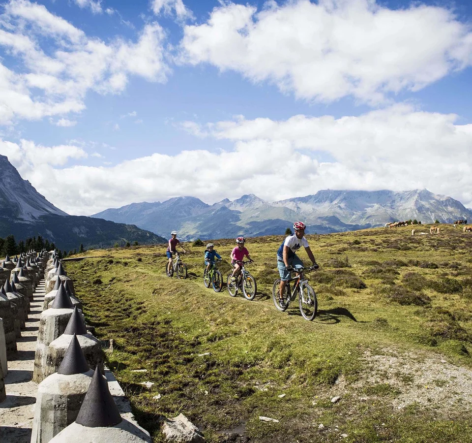 Familie fährt mit Mountainbikes auf Bergweg mit Alpen im Hintergrund