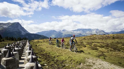 Familie fährt mit Mountainbikes auf Bergweg mit Alpen im Hintergrund
