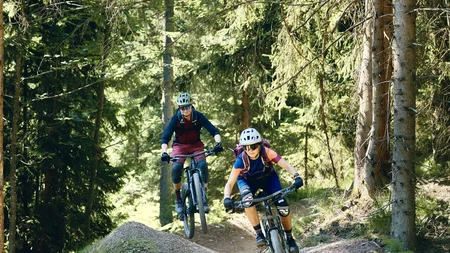 Unterwegs in Österreichs größter Bikeregion © Tobias Köhler Zwei Mountainbiker fahren auf einem Waldweg durch einen sonnigen Wald