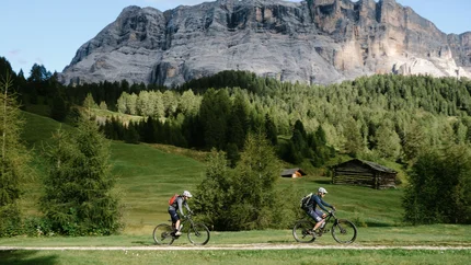 Zwei Mountainbiker fahren auf einem Waldweg vor Bergen und grünen Wäldern