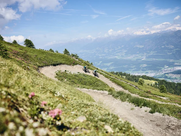Twee mountainbikers op kronkelig bergpad met uitzicht op de Alpen