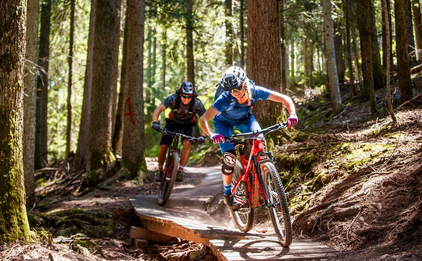 Two mountain bikers ride on a wooden trail in the forest