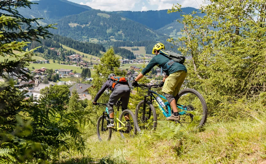 Zwei Mountainbiker fahren auf einem Waldweg mit Bergblick