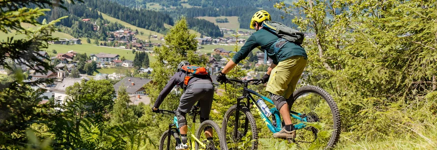 Bike-Region Flachau – von Radabenteuer bis Signature Ride © David Karg Zwei Mountainbiker fahren auf einem Waldweg mit Bergblick