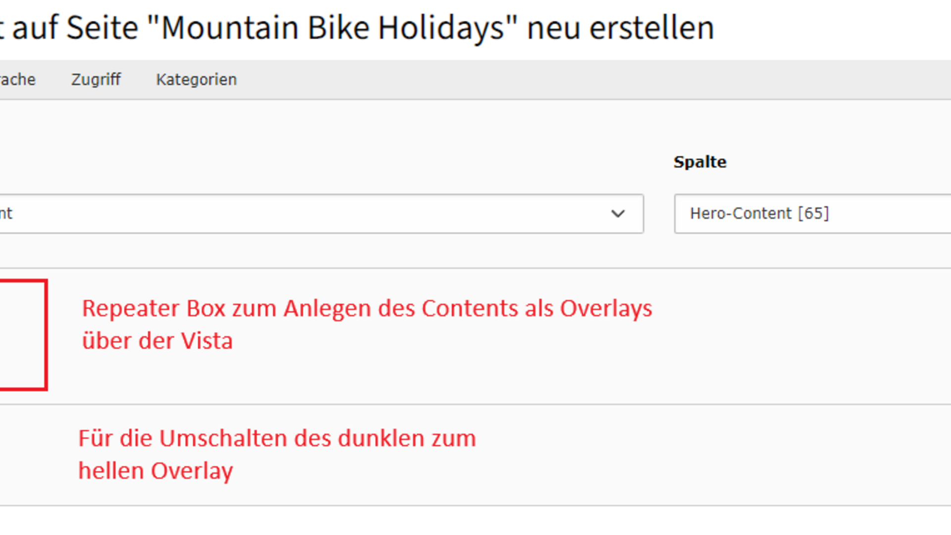 Hero/Vista Benutzeroberfläche zum Erstellen von Hero-Content für Mountain Bike Holidays Seite
