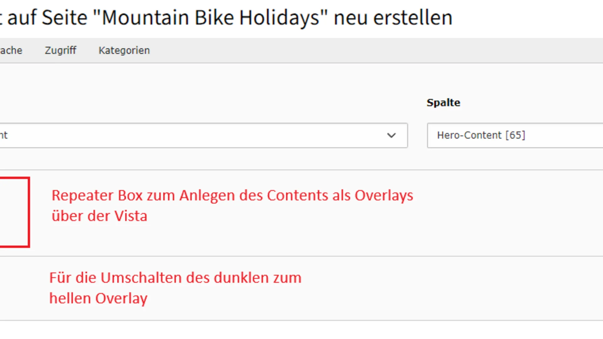 Benutzeroberfläche zum Erstellen von Hero-Content für Mountain Bike Holidays Seite