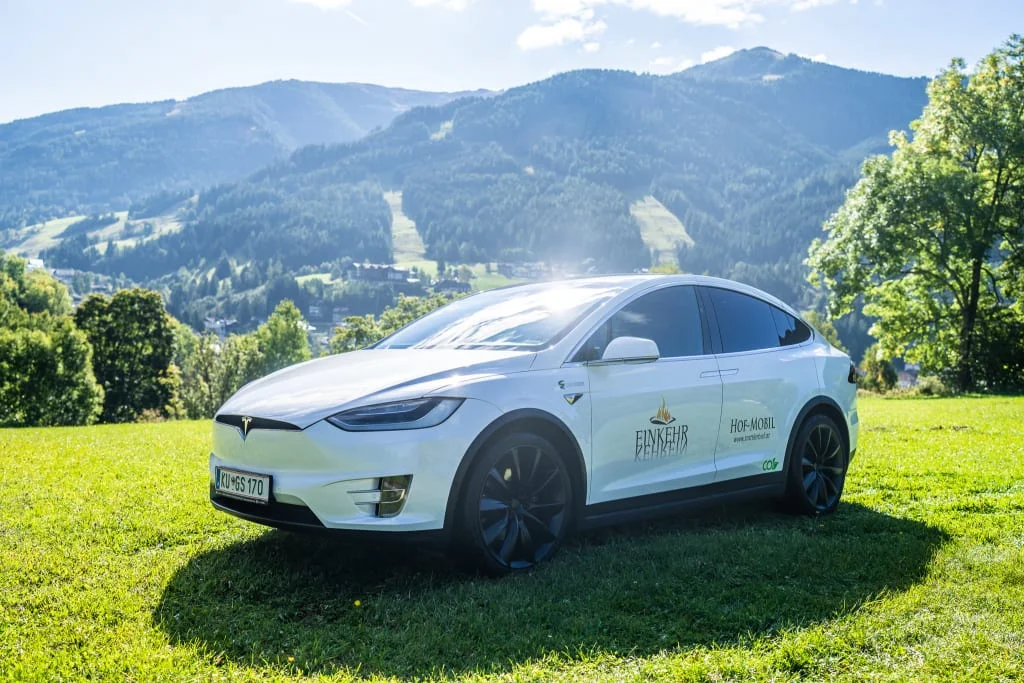 Weißes Elektroauto auf einer grünen Wiese vor Bergen und Bäumen