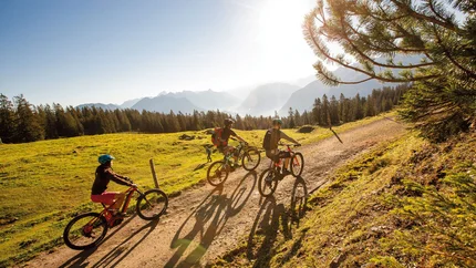 Drei Mountainbiker fahren bei Sonnenschein auf Waldweg in den Bergen