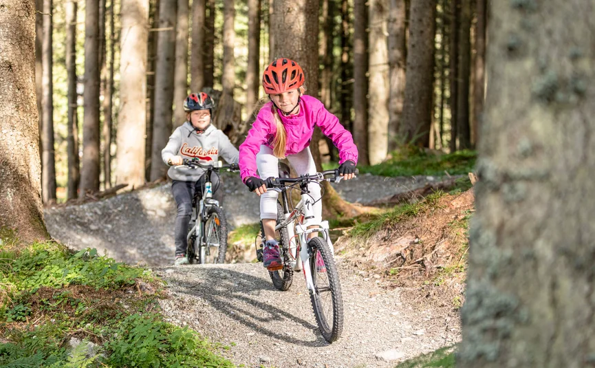 Kinder fahren mit Fahrrädern auf einem Waldweg
