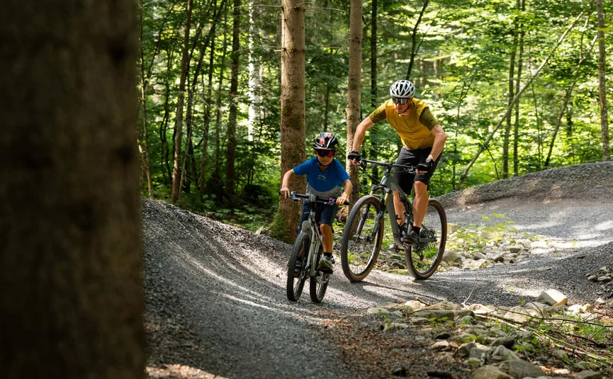Kind und Erwachsener fahren Mountainbike auf Waldweg