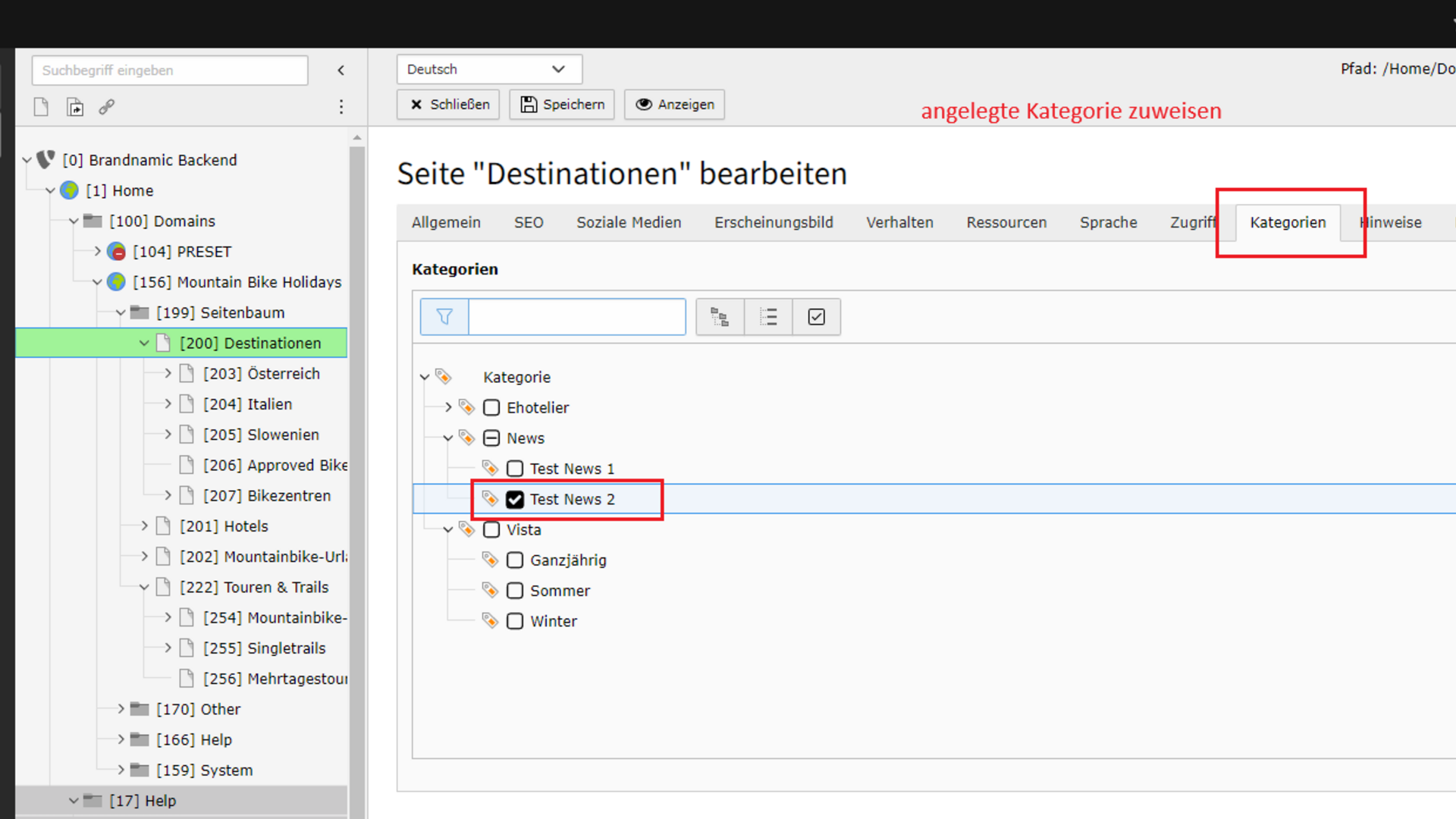 Allgemeine Infos zur Website Brandnamic Backend Kategoriezuweisung Seite Destinationen mit ausgewählter Kategorie Test News 2