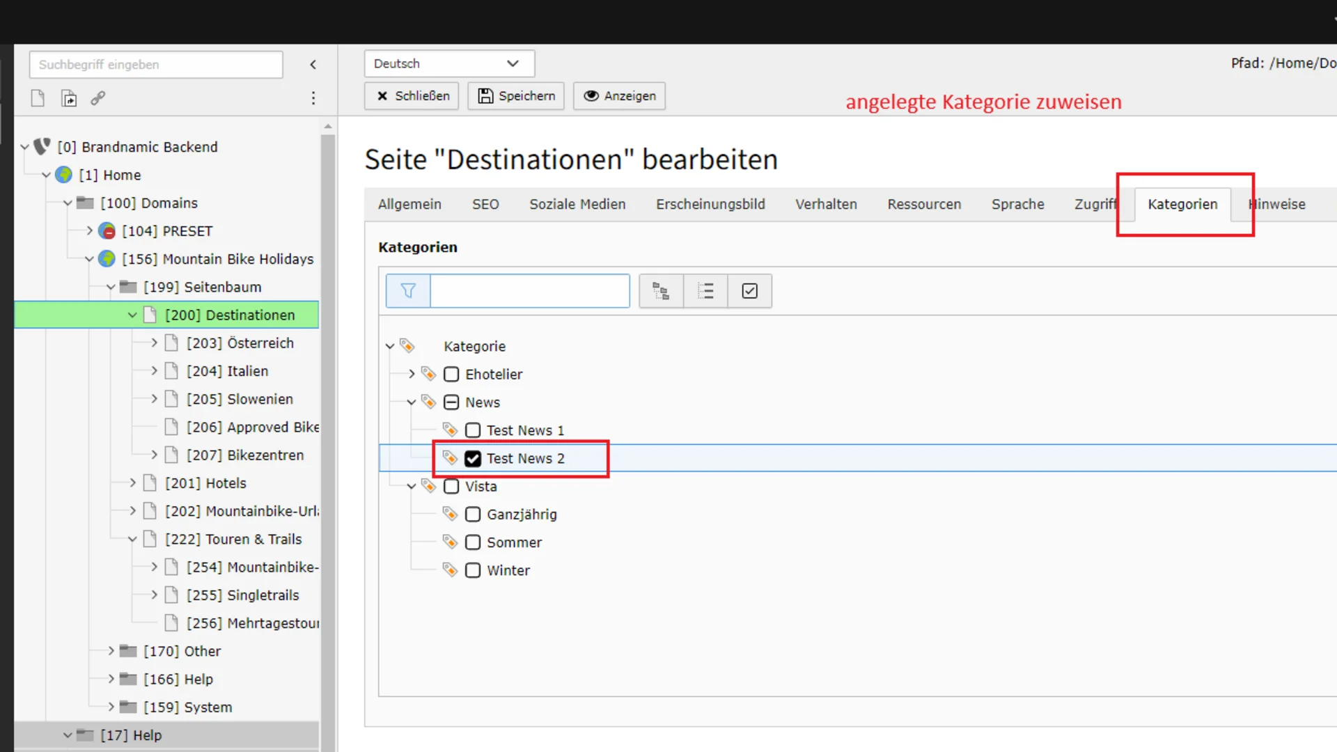 Brandnamic Backend Kategoriezuweisung Seite Destinationen mit ausgewählter Kategorie Test News 2