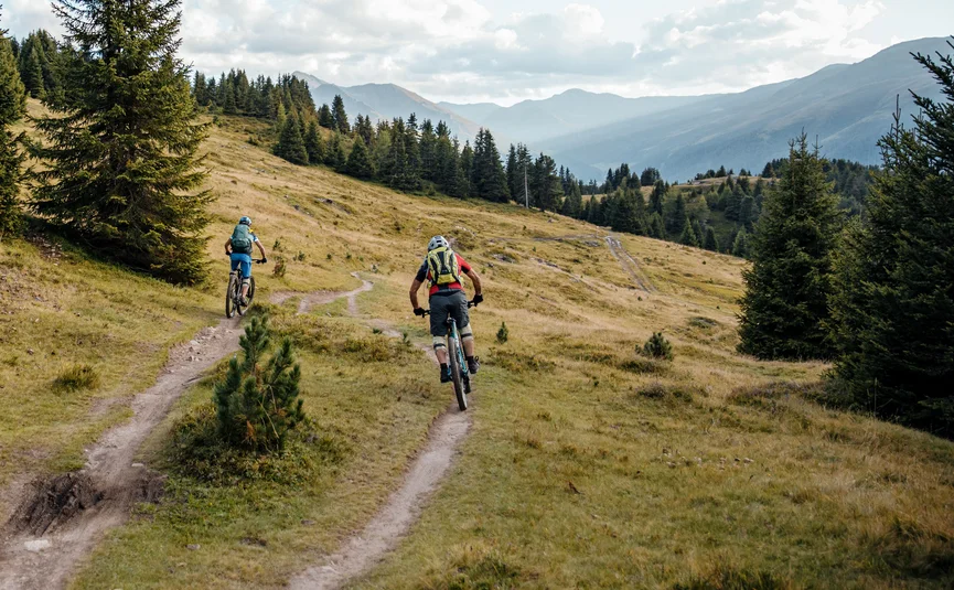 Zwei Mountainbiker fahren auf einem schmalen Bergpfad zwischen Wiesen und Bäumen