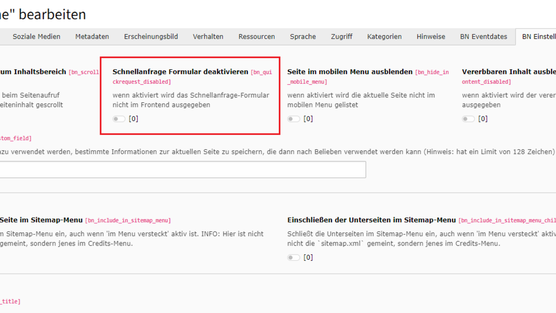 Hero/Vista Einstellungen für Seite Home mit Optionen wie Schnellanfrage Formular deaktivieren