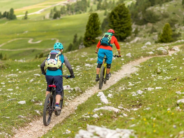 Zwei Mountainbiker fahren auf einem schmalen Pfad durch eine grüne Berglandschaft