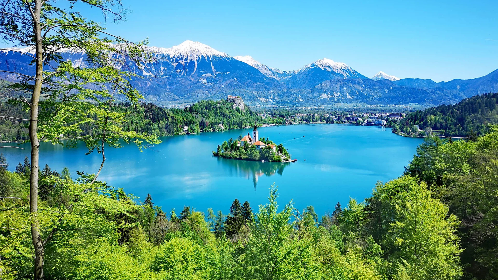 Blick auf den Bleder See mit Insel und verschneiten Bergen im Hintergrund