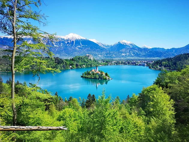 Was steckt hinter dem Umweltengagement von Bikehotels? © Ribno Alpine Resort - Katarina Strgar Blick auf den Bleder See mit Insel und verschneiten Bergen im Hintergrund
