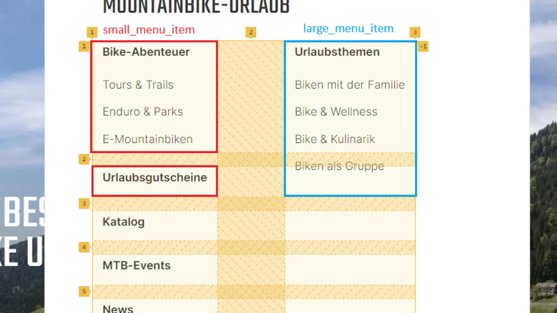 Mountainbike-Urlaub Menü mit Bike-Abenteuer und Urlaubsthemen Kategorien