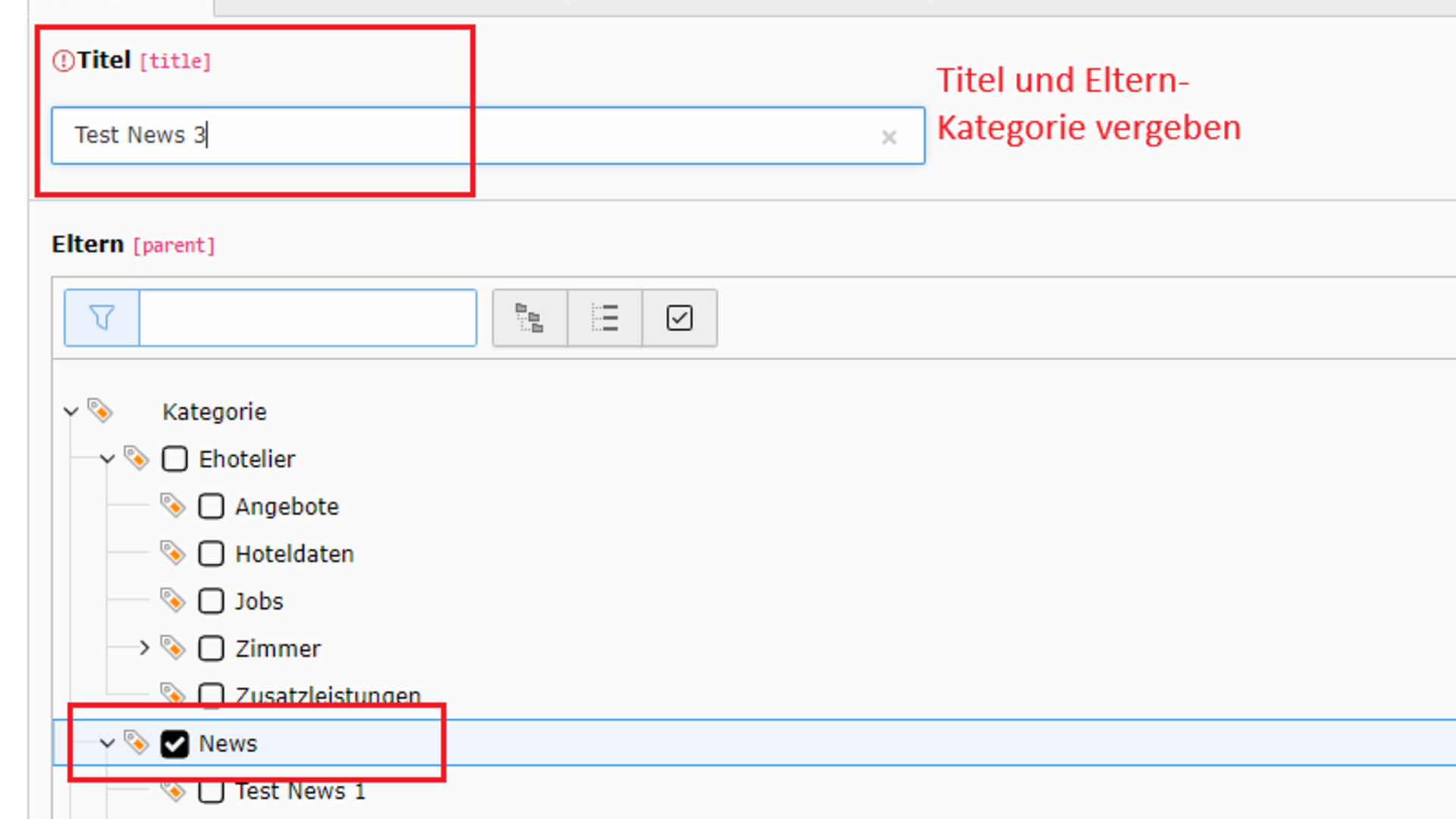Allgemeine Infos zur Website Kategorie auf Seite Categories neu erstellen mit Titel und Eltern-Kategorie