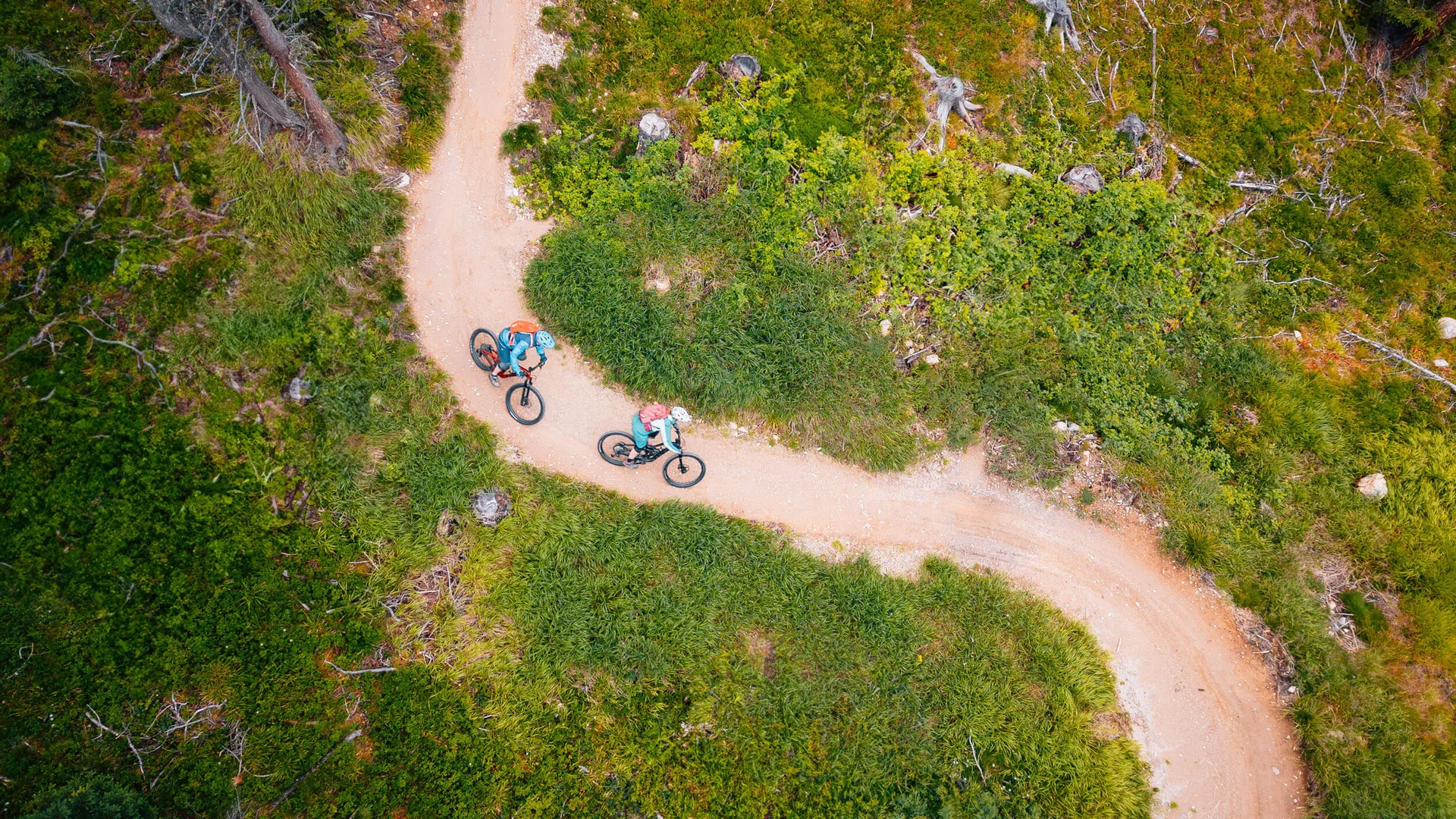 Twee fietsers op een smal bospad gezien van boven