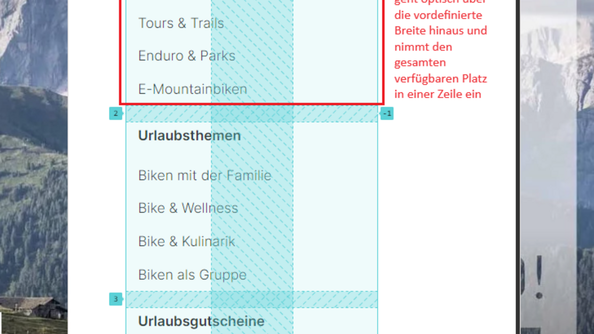 Header Menü mit Mountainbike-Urlaub Kategorien und Optionen