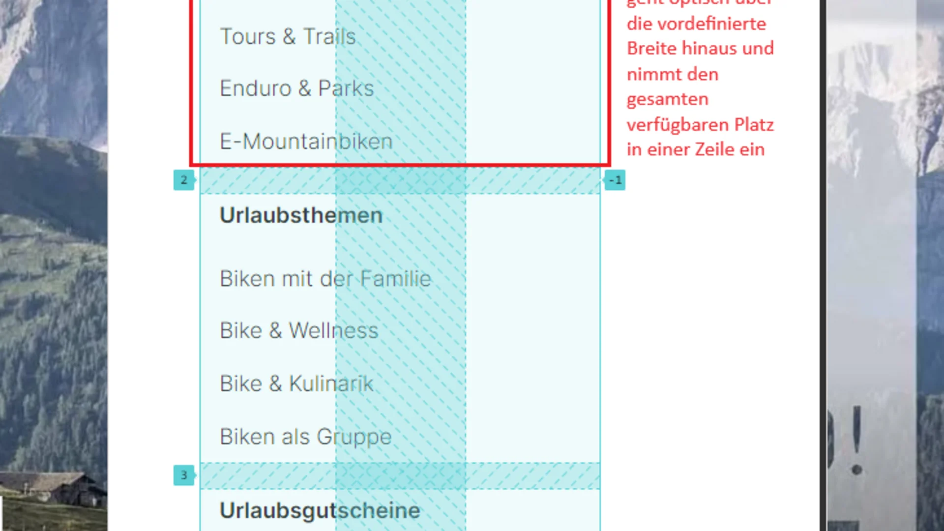 Menü mit Mountainbike-Urlaub Kategorien und Optionen
