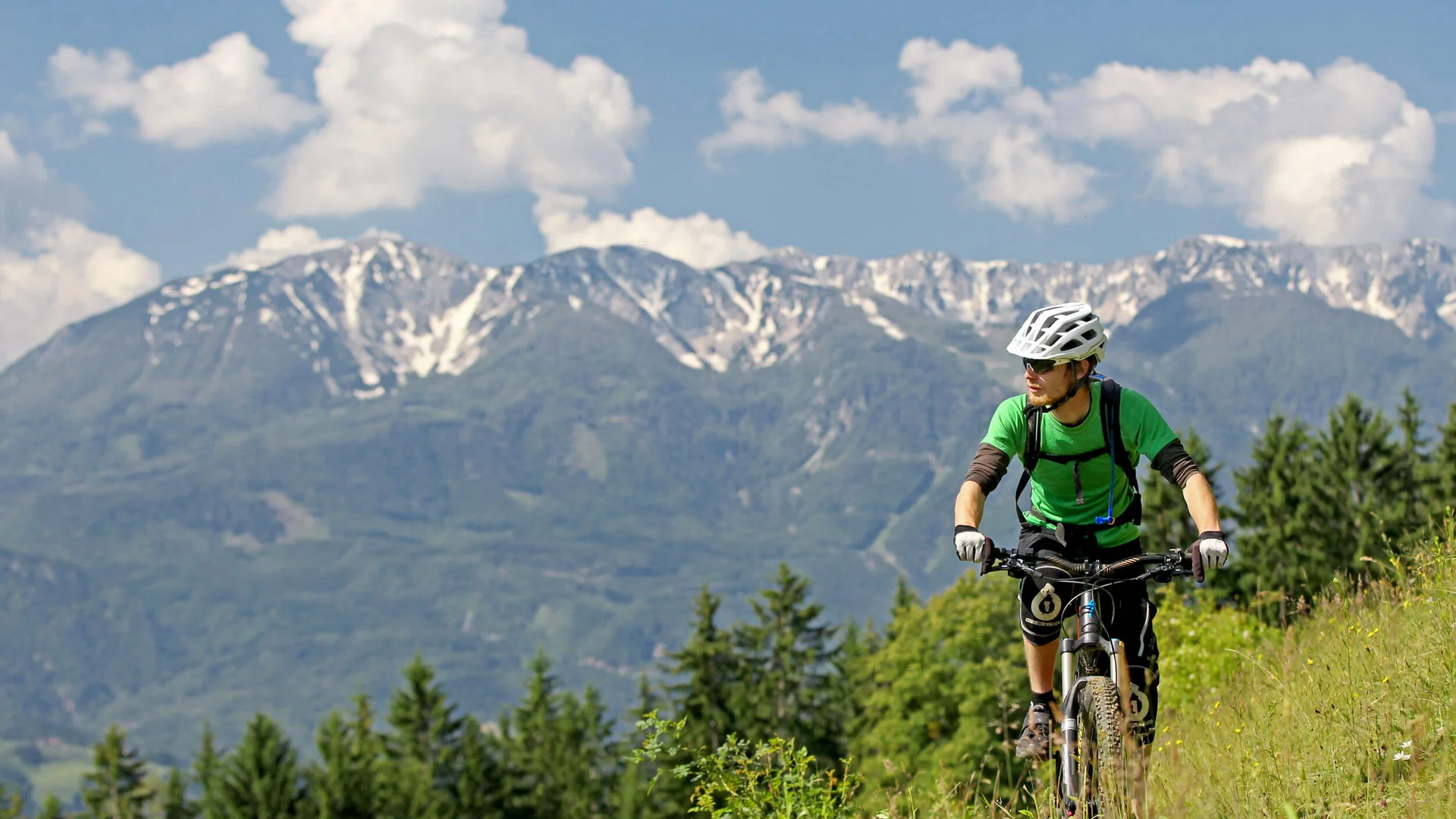 Mountainbiker in grüner Kleidung fährt auf Bergpfad mit bewaldeten Hügeln und Alpen im Hintergrund