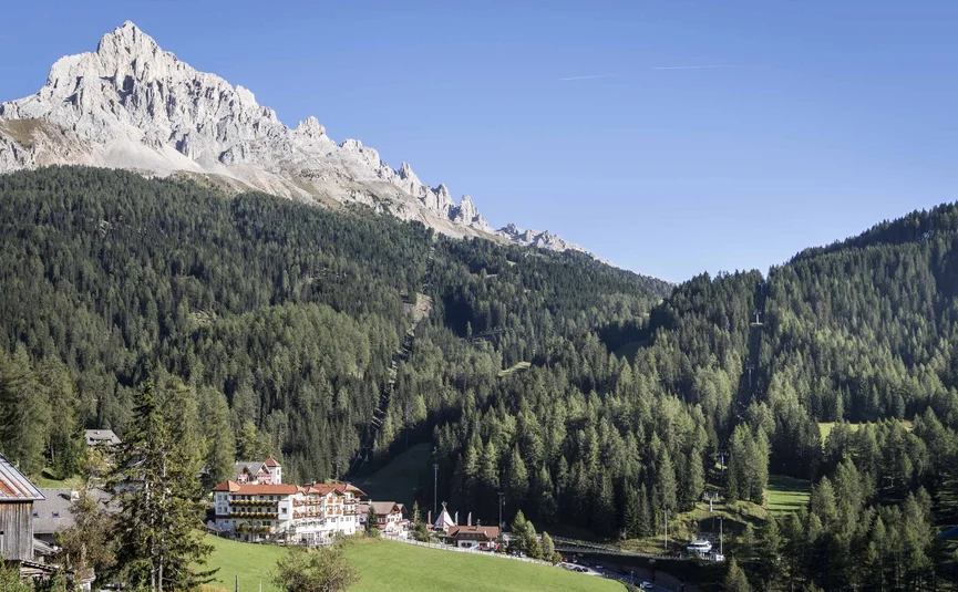 Berglandschap met bos, huizen en stoeltjeslift onder heldere lucht