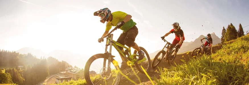 Drei Mountainbiker fahren bergab auf einem sonnigen Waldweg