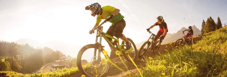 Three mountain bikers riding downhill on a sunny forest trail
