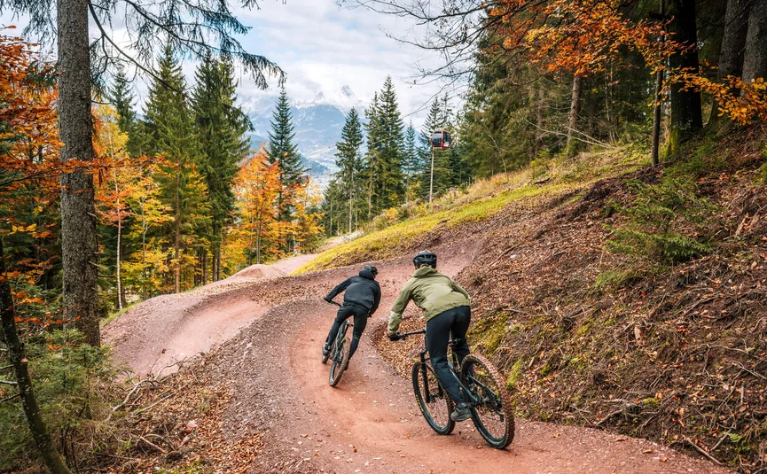 Zwei Mountainbiker fahren auf einem kurvigen Waldweg im Herbst