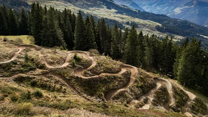 Schmaler kurviger Mountainbike-Trail auf Berghang mit Tannen und Bergen im Hintergrund