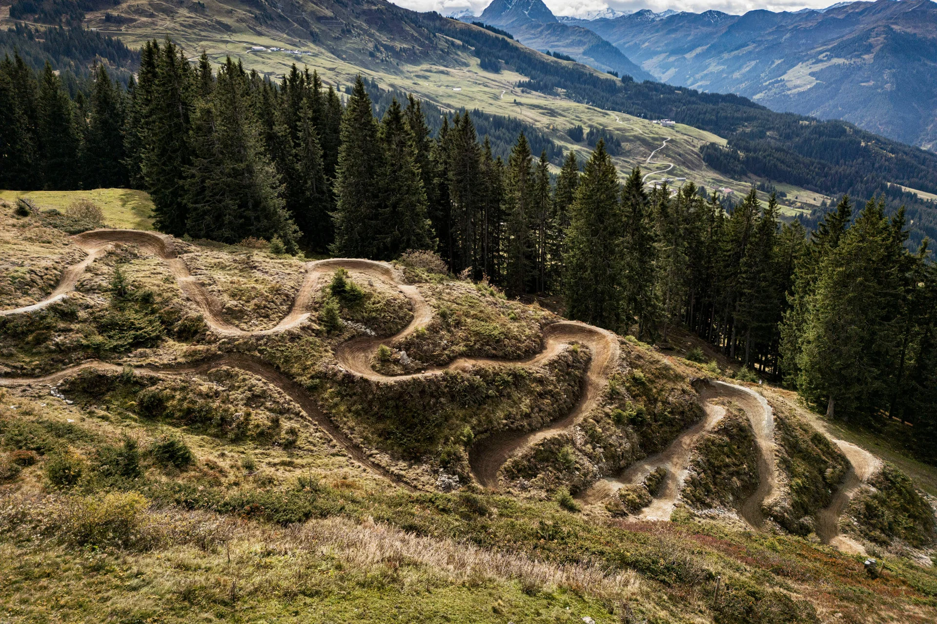 Schmaler kurviger Mountainbike-Trail auf Berghang mit Tannen und Bergen im Hintergrund