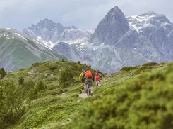Radfahrer fahren auf einem Bergweg mit hohen Bergen im Hintergrund