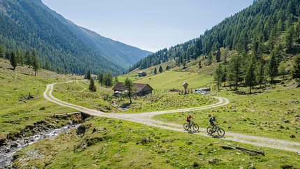 Twee fietsers op een bergpad door groen alpien landschap
