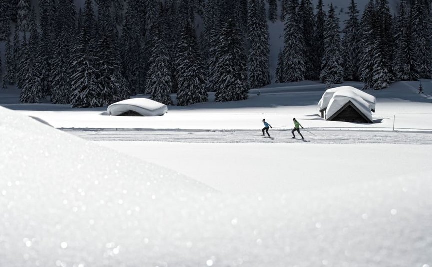 Twee langlaufers op besneeuwde piste bij besneeuwde hutten en dennenbos