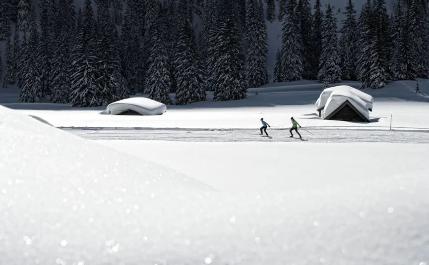 Zwei Langläufer auf verschneiter Piste vor verschneiten Hütten und Tannenwald