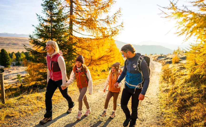 Familie wandelt op een zonnig bospad in de herfst