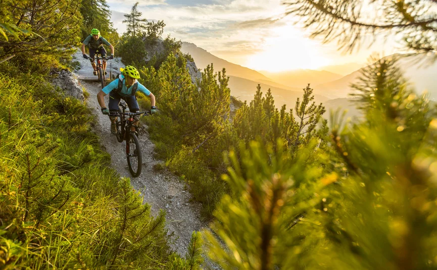 Two mountain bikers riding on a trail in sunny mountain forest